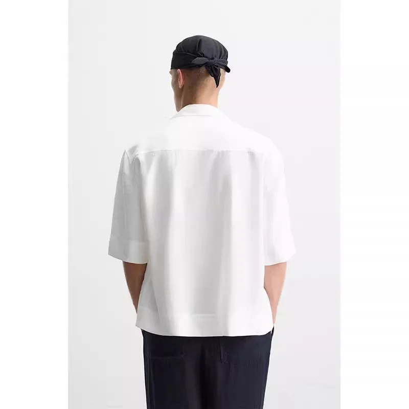 

New Summer Men's Casual ort Sve irt Pure Color Embroidery Loose Fit Cuban Collar Button down Regular Length