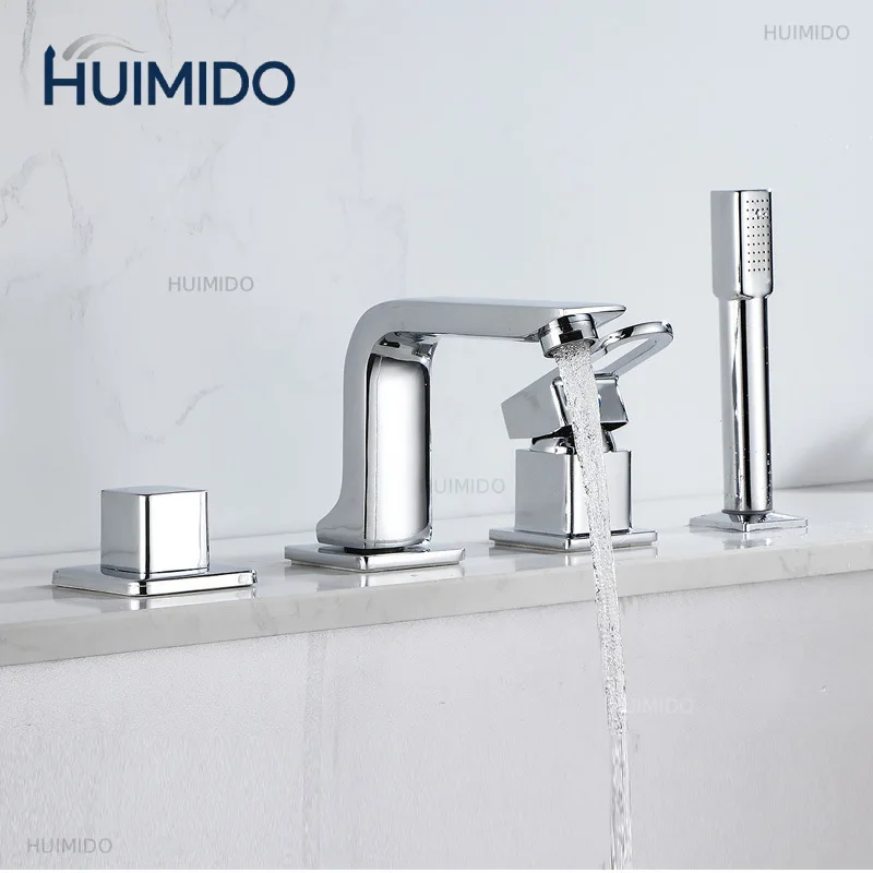Deck/Wall Mounted Bathroom Bathtub Faucet Set with Handheld Shower Head 4 Holes Widespread Basin Tub Faucet Cold Hot Mixer Tap
