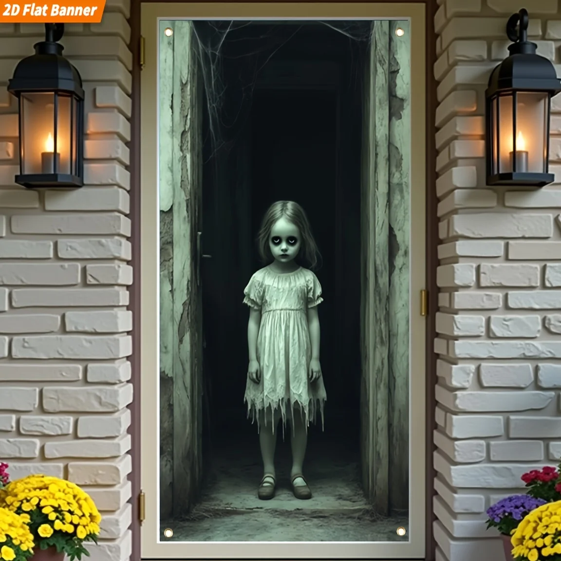 2D curtain banner, 1 large Halloween door decoration - Ghost Girl Door Hanging Decor - No electricity requiredzyc