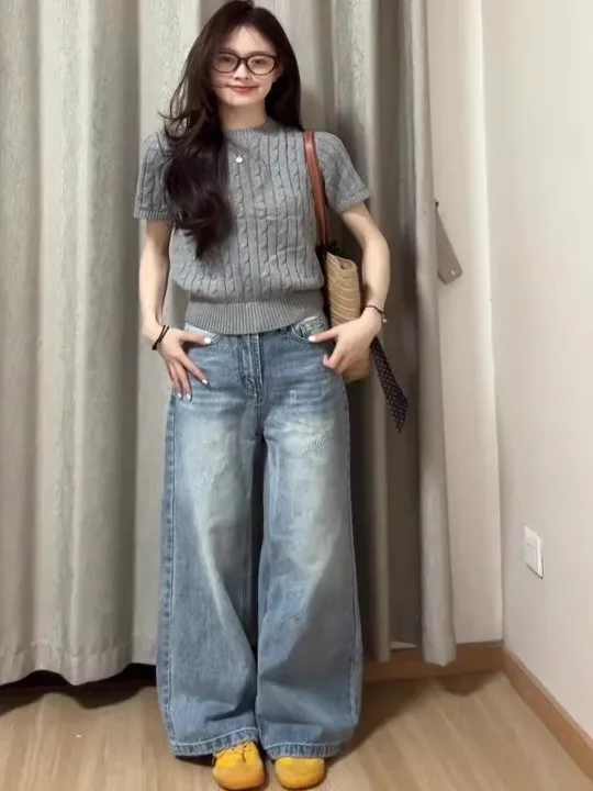 Ay tricoté ort Sve rond Ne T-irt femmes été nouveau coréen Sle coupe ample humidité ng haut léger