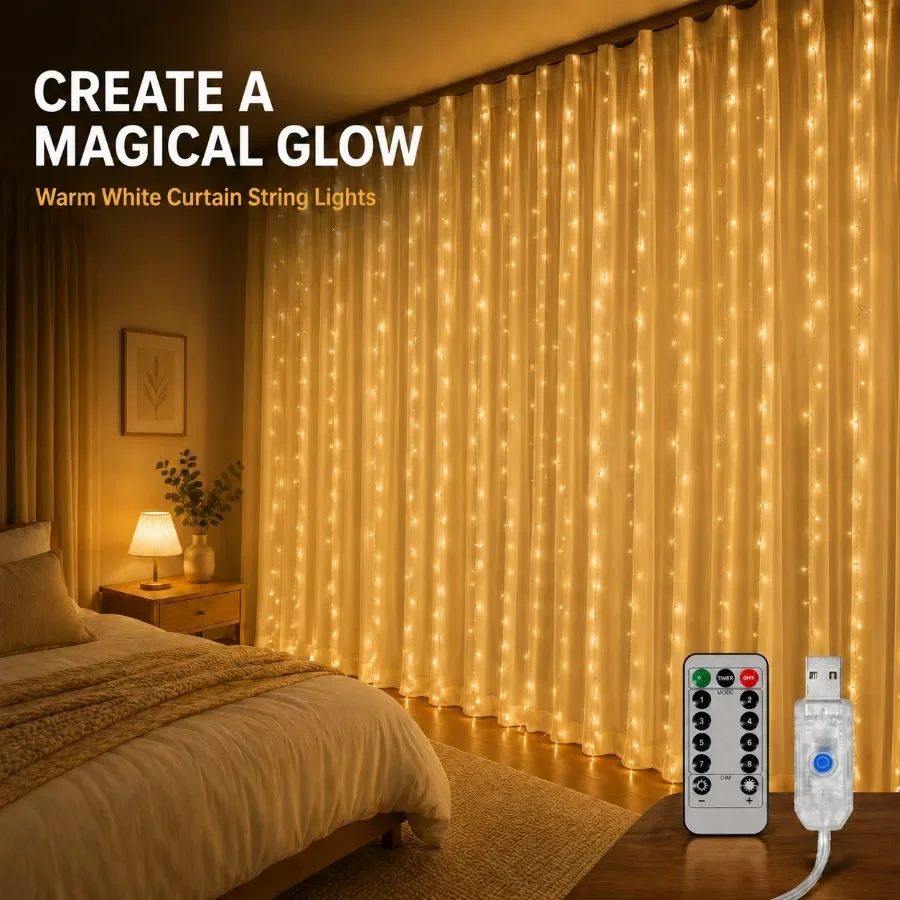 USB Plug Christmas LED Curtain String Lights Fairy Garland with Remote Control for Bedroom Wedding Home Decoration