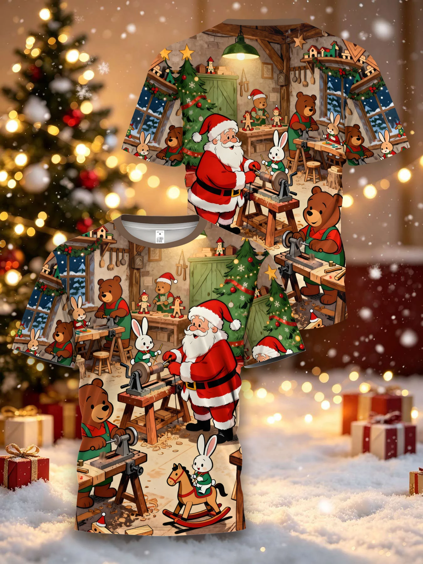 Men's Christmas-Themed 3D Printed Short-Sleeved T-Shirt, Santa's Workshop Cartoon Bear and Rabbit Pattern Round-Neck Top, Casual Loose Breathable Short-Sleeved Shirt, Creative Visual Print Men's Clothing for Christmas Holiday Parties and Outings