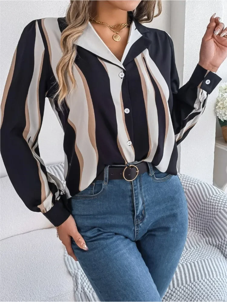 

Women Casual Shirts V-neck Long Sleeve Loose Striped Printed Blouse For Spring Autumn Office Ladies Elegant Single Breasted Tops