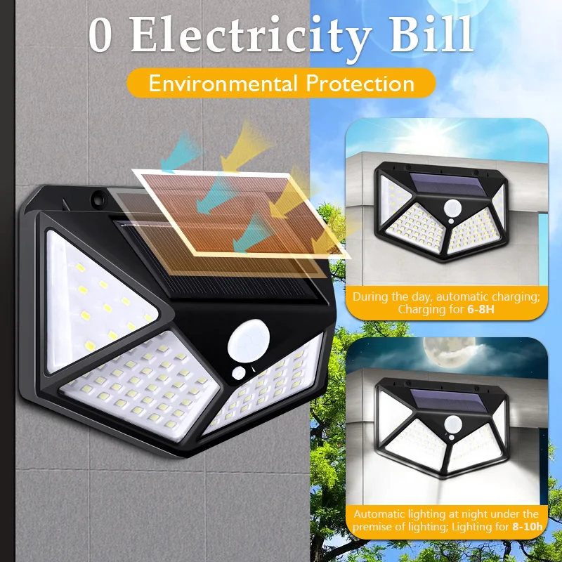 Solar Lights Outdoor 100 LED Solar Motion Sensor Lights 3 Lighting Modes Solar Wall Light Waterproof Outdoor Wall Lamp