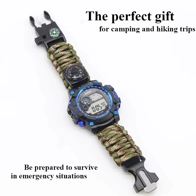 في الهواء الطلق البقاء على قيد الحياة ساعة الطوارئ مع للرؤية الليلية 50 متر مقاوم للماء Paracord سكين البوصلة ميزان الحرارة صفارات الإسعافات الأولية الساخن