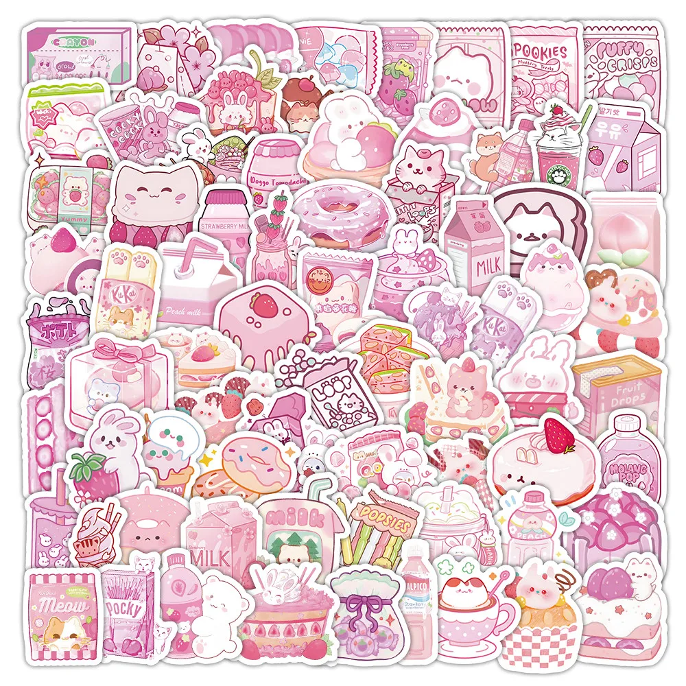

103Pcs Lovely Pink Snack Themed Stickers For Journal Laptop Water Bottle DIY Decor Golden Memory Stickers Store