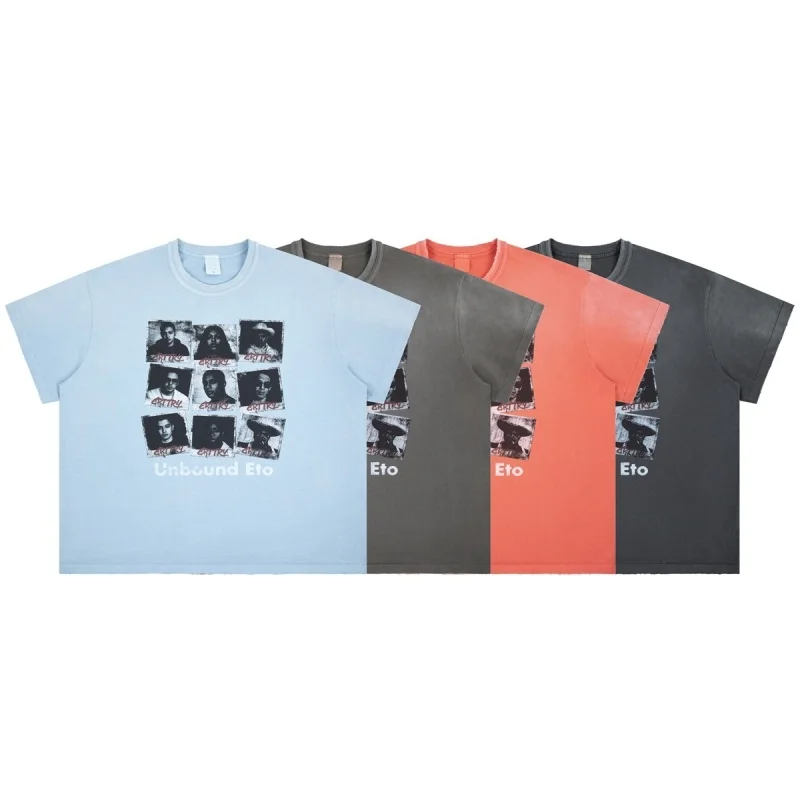 

Vintage Washed "Unbound Eto" Photo Grid Print T-Shirt Men Oversized Retro Streetwear Short Sleeve Tees