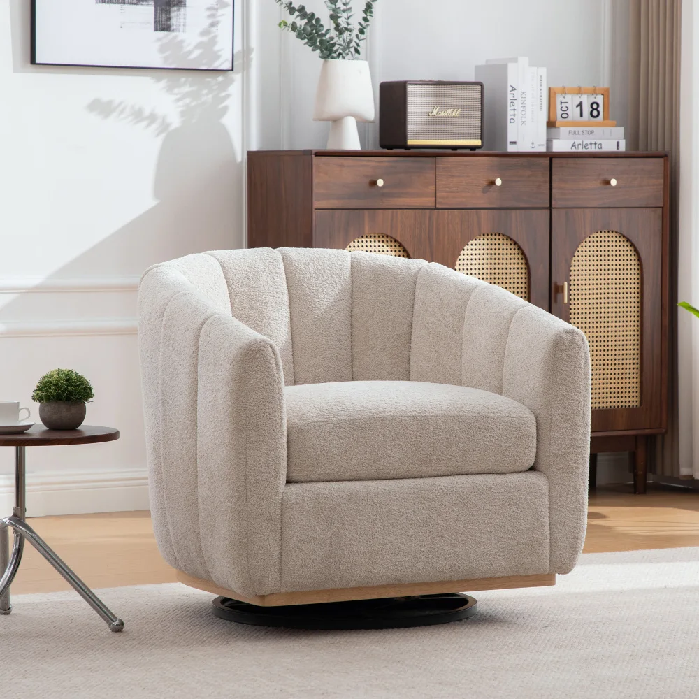 Chenille gestoffeerde fauteuil met metalen voet, 360 °   Rotatiefunctie, gestoffeerde tonvormige fauteuil, pompoenvormige Sigle-bank