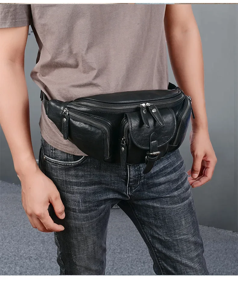 Big Size Leather Chest Bag Waist Pouch Real Cowhide Chest Pack Real Cowhide Crossbody Sling Bags Outdoor Men Fanny Pack