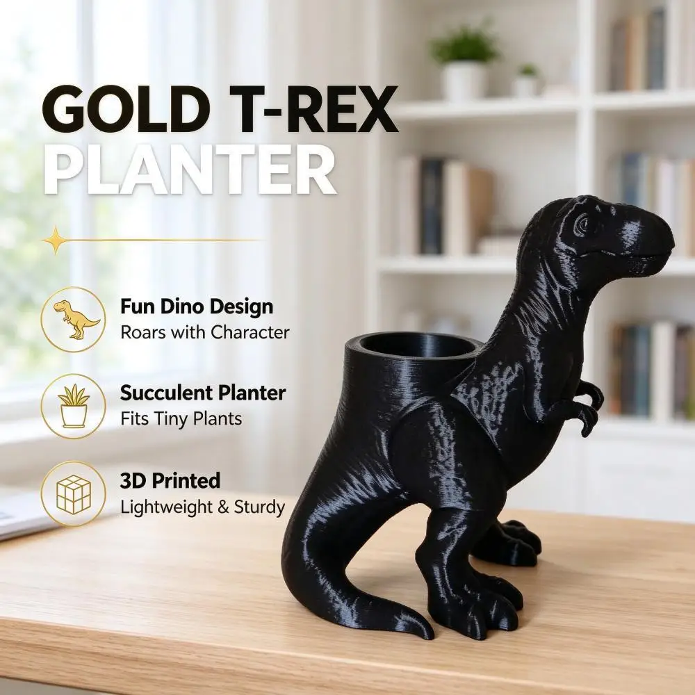 3D Printed Black T-Rex Small Planter Pot Creative Dinosaur Shaped Succulent Pot Desktop Ornament for Home Office