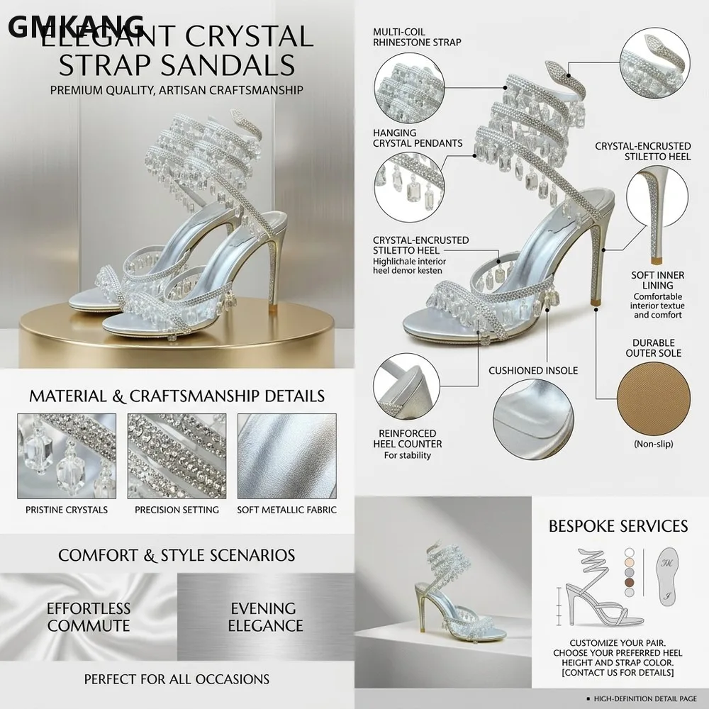 GMKANG Women Rhinestone Stiletto Heels Sandals Ankle Strap Wrap Around Snake Design Summer Party Dress Shoes