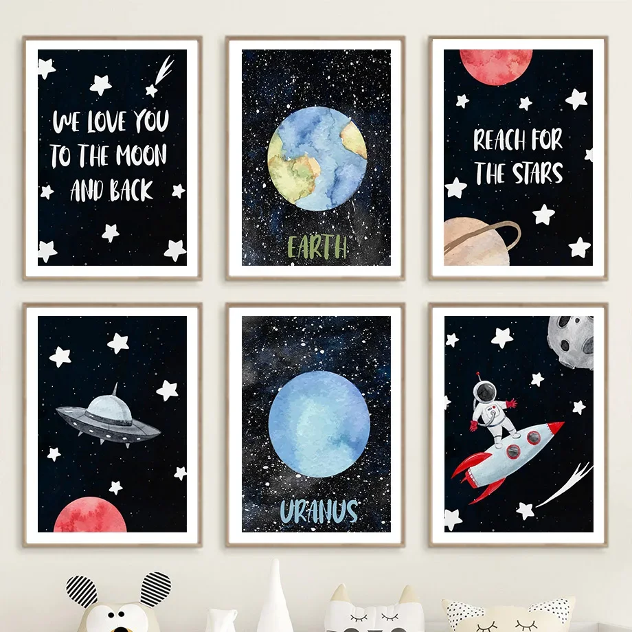 Kids Room Decorative Wall Art Prints Astronaut Rocket Space Interior Poster Baby Canvas Decoration Wall Pictures Home Decor