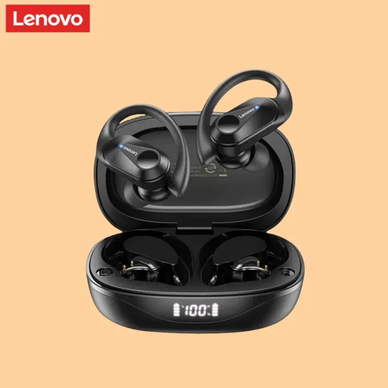 Lenovo LP75 Fones de ouvido esportivos sem fio com microfones, controle de botão, display de energia LED, som estéreo de alta fidelidade Bluetooth 5.3 TWS Fones de ouvido
