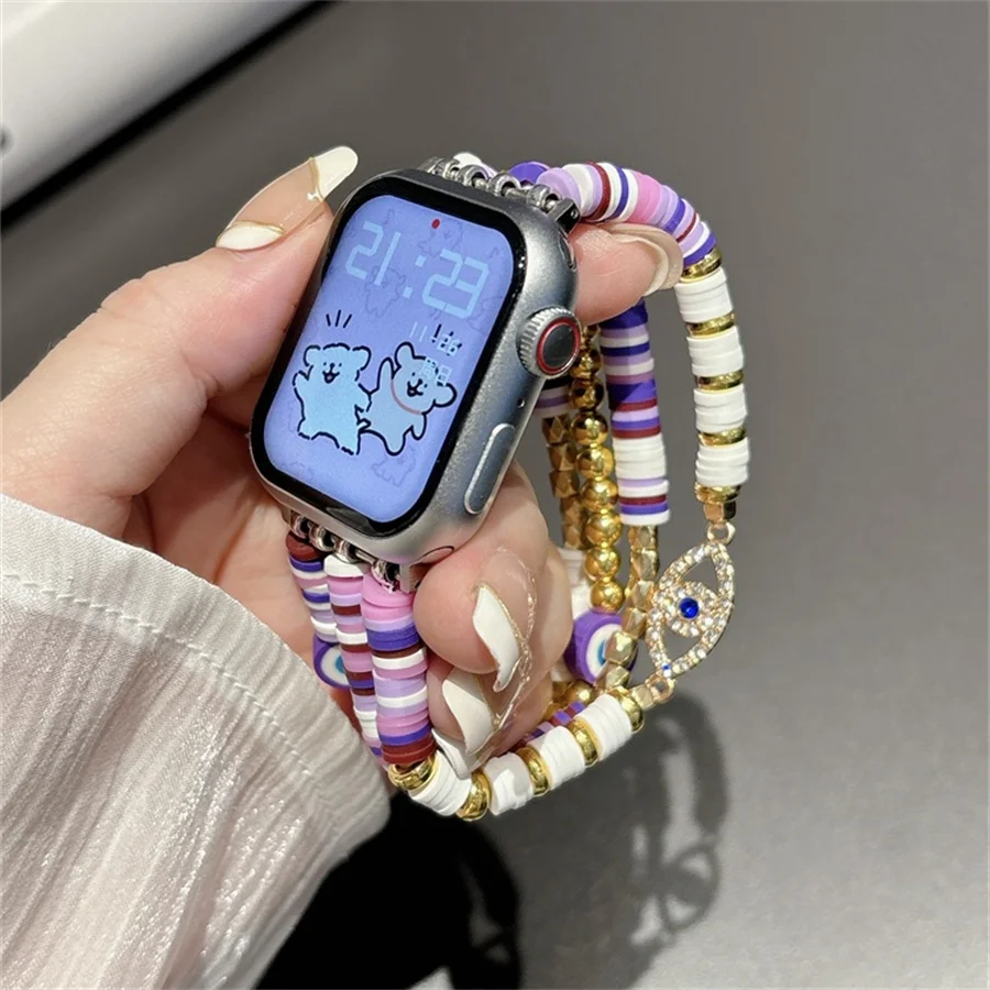 Bohemian bead bracelet compatible with iWatch strap 38mm 40mm 41mm 42mm 44mm 45mm 49mm for women, fashionable handmade elastic s