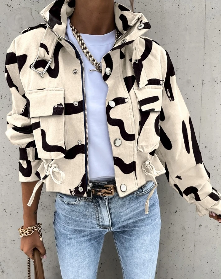 Women Jacket 2024 Spring Fashion Abstract Print Long Sleeve Zip Up Pocket Design Stand Collar Casual Crop Biker Jacket