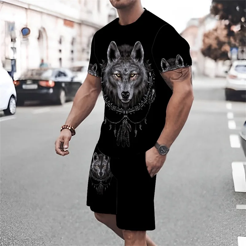 Animal Wolf 3d Printed T-shirt Casual Men's Top Shorts 2 Piece Set Men's Fashion Sports Men's Short Sleeve Set 2 Pieces Cloths