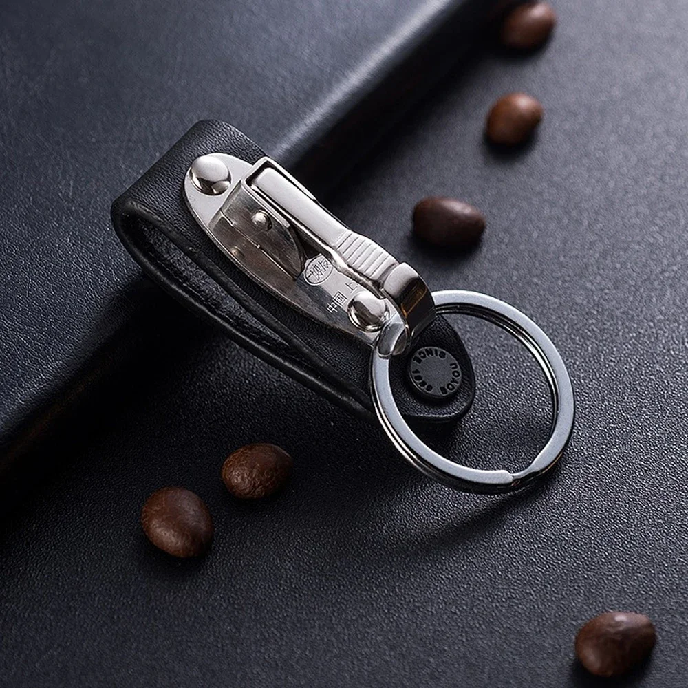 Quick Release Hanging Keychain Key Ring Clip on Belt Genuine Leather Key Chain Stainless Steel Detachable Key Holder Modern