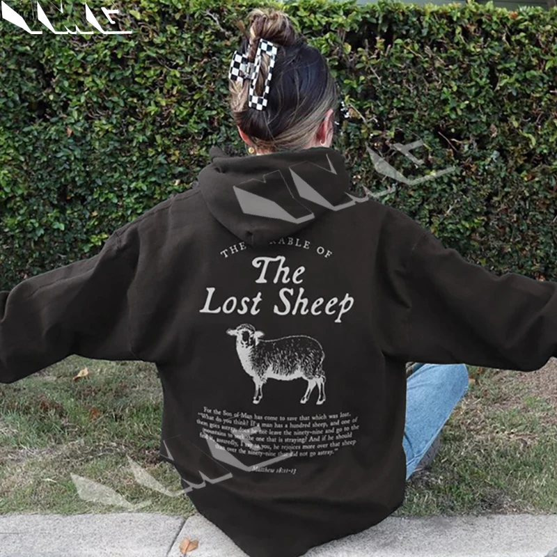 Women's Lost Sheep Back Printed Letter Thickened Cotton Hoodie with Inspirational Pattern Extra Large Loose Casual Hoodie EMO