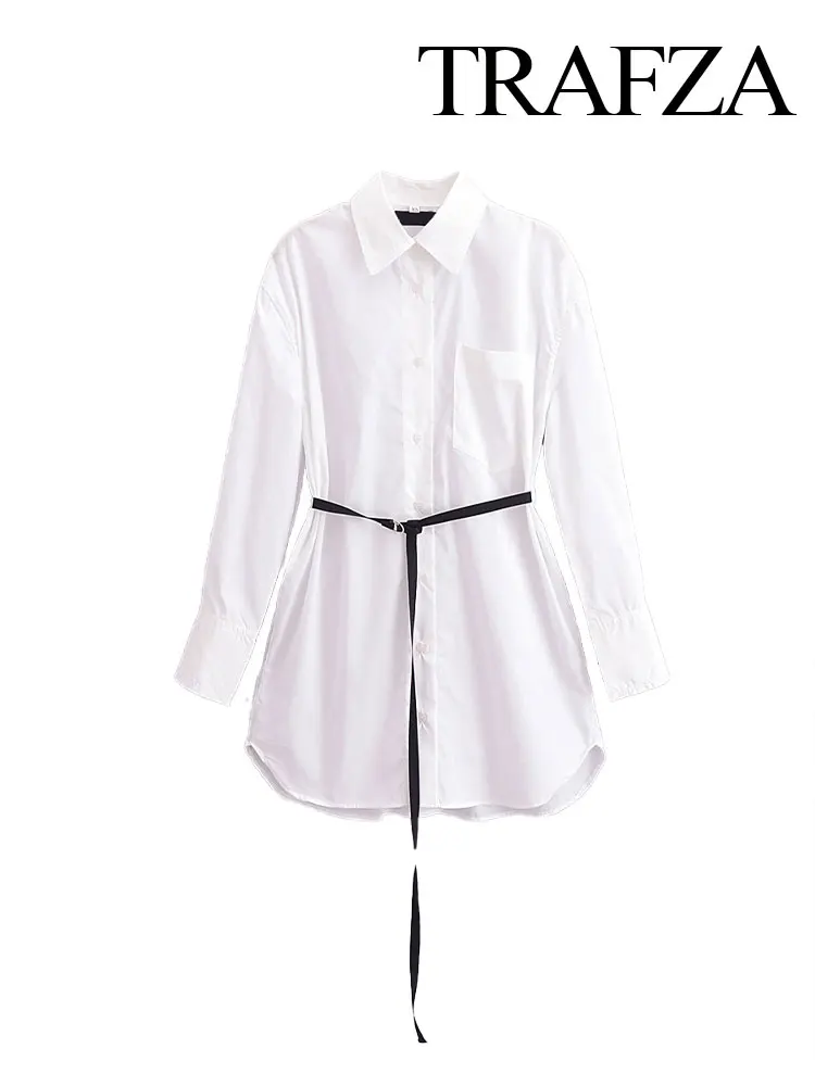 

TRAFZA 2024 Spring Blouses For Women Windbreaker Fabric Turn-down Collar Loose Long Shirts Top Female Casual Women's Shirt