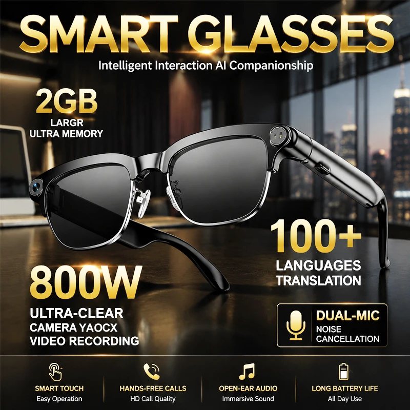 

2026 Intelligent Glasses 800W HD Camera Take Photos and Videos AI Voice Assistant Dual-speaker Real-Time Translation Sunglasses