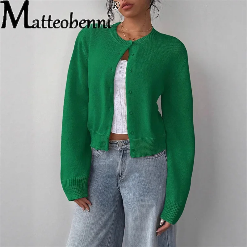 

Осень-зима, женские кардиганы с круглым вырезом, однотонный свитер, весенний однобортный вязаный зеленый кардиган с длинными рукавами, модный корейский джемпер