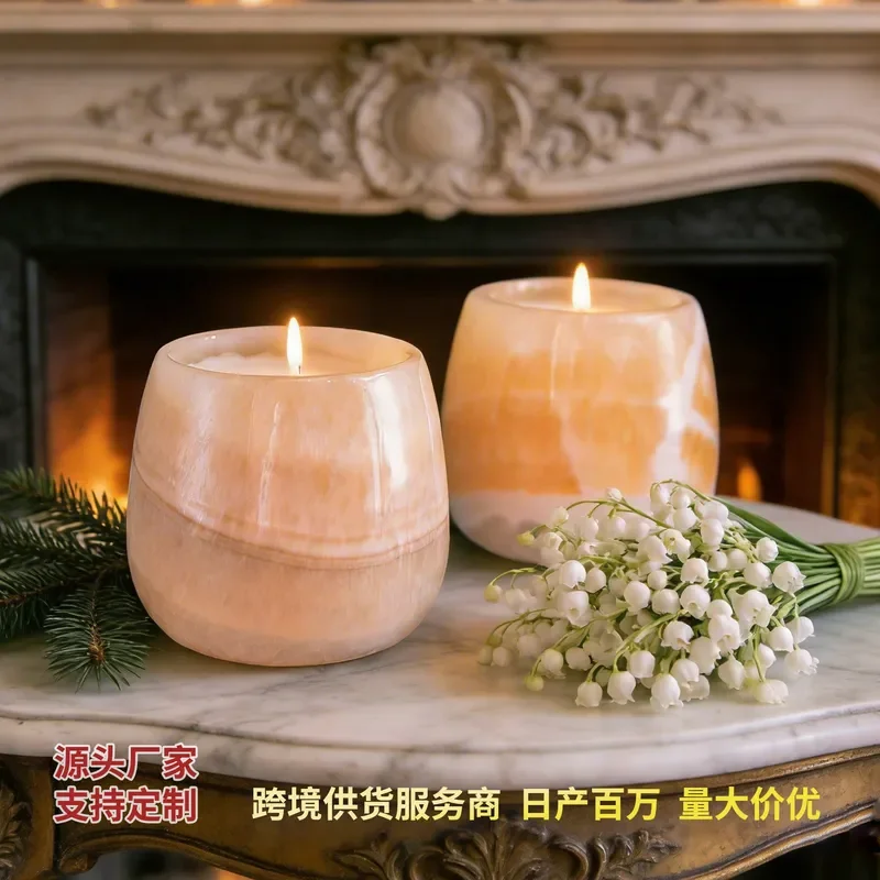 Natural Yellow Jade Aromatherapy Candle Holder Marble Texture Healing Cup Home Decor Ornament for Living Room Atmosphere Gift