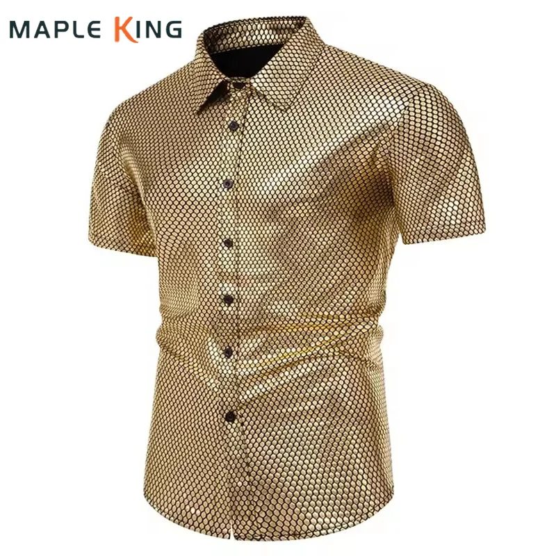 Nightclub Gold Bronzing Metallic Shirts for Men Dress Short Sleeve Stage Prom Steampunk Clothes Summer Mens Casual Chemise Homme