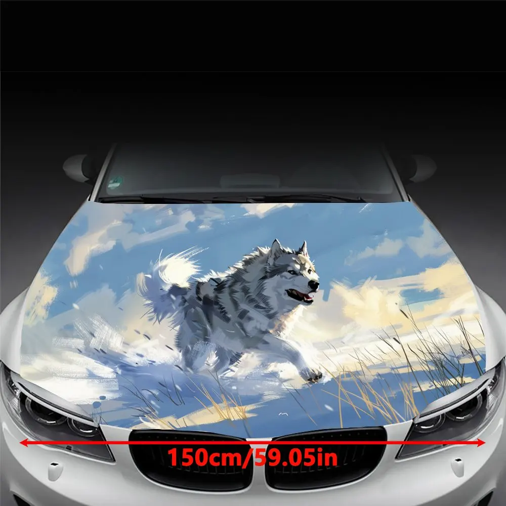 Happy Running Husky Animal Print Car Hood Wrap Color Vinyl Sticker Truck Graphic Bonnet DIY Auto Accessories Decor Decal Gift