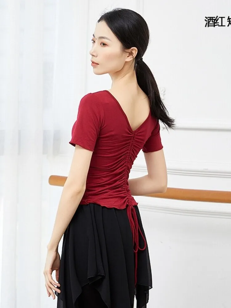 

Solid Color V Neck Drawstring Slim Fit Dance Top Women Classical Dance Performance Practice Stage Costume Elegant Training Shirt
