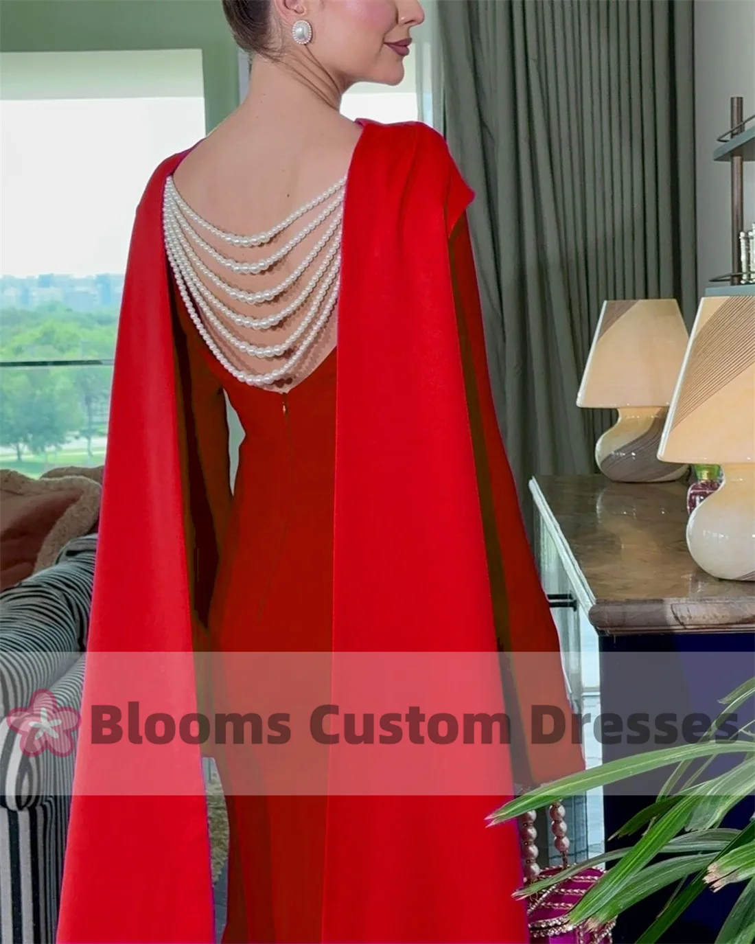 Blooms Red Crepe Long Sleeves Customized Evening Dress Pearls Saudi Arabia Long Cape Formal Occasion Elegant Wedding Prom Dress