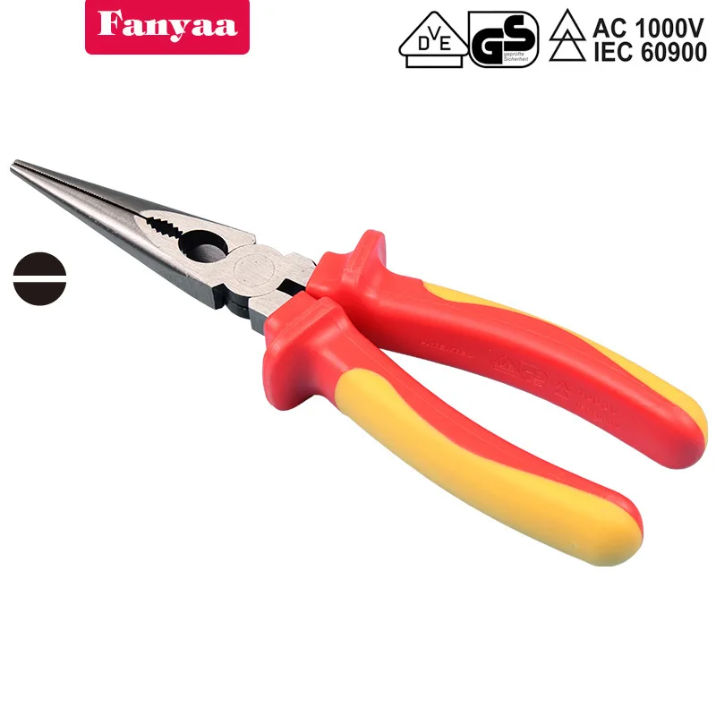 Insulated Long Nose Pliers 8 inch Electrian Wire Clipper Hand Tool 200mm VDE & GS IEC60900 1000V AC Crv Body, Non-Slip Handle