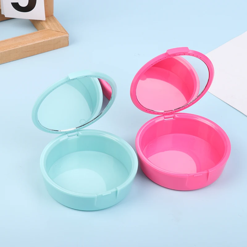 صندوق تخزين طقم الأسنان دائري مع مرآة صندوق نظافة الأسنان لتقويم الأسنان حاوية حماية الفم العناية بأطقم الأسنان