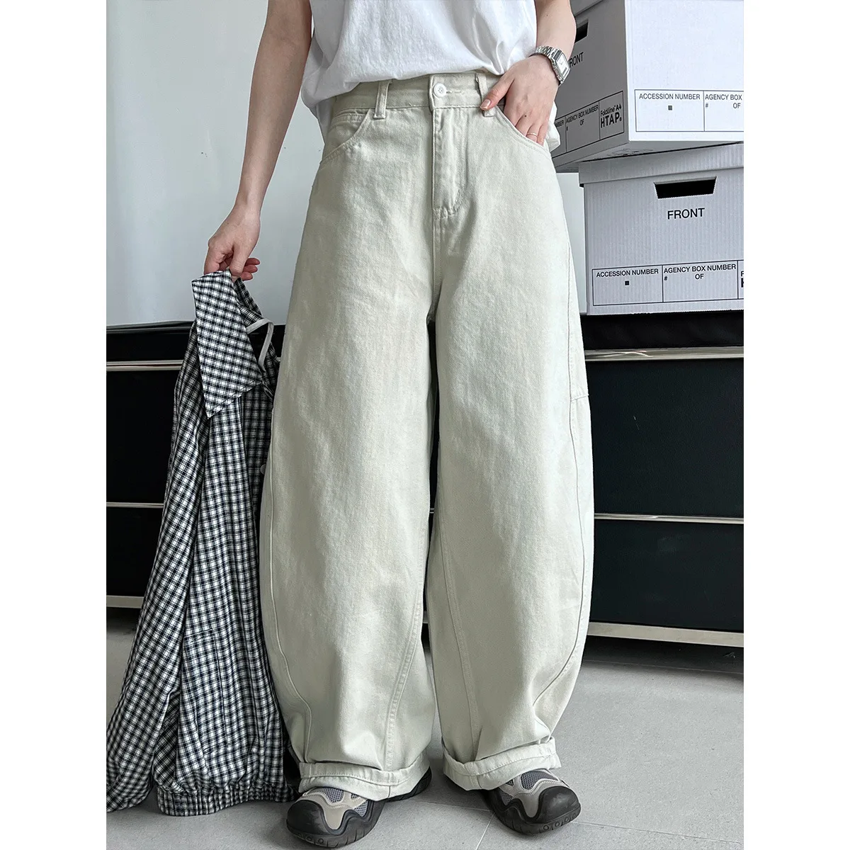 Relaxed Flesh Blocking High Sickle Shaped Pants For Women 2024 Autumn