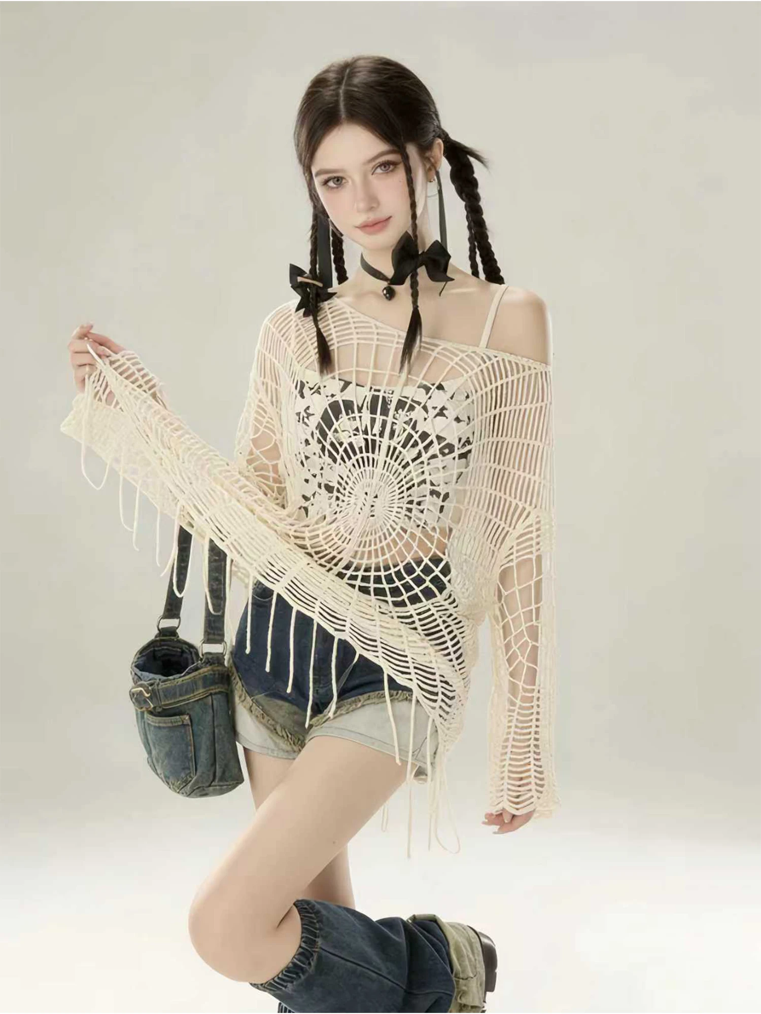 Women White T-shirt Hollow Knitted Tee Top Y2k Black Emo Spider Web Ripped Crochet E-Girl Loose T Shirt Overblouse Summer 2026
