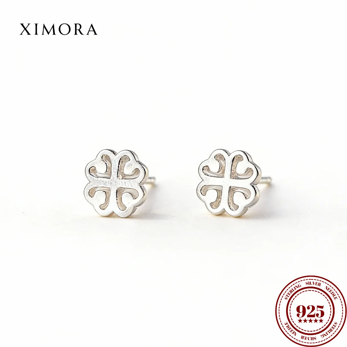 

XIMORA S925 Sterling Silver Earrings Openwork FourLeaf Clover Design Brushed Finish Heart Motif Sweetheart Style Elegant Jewelry