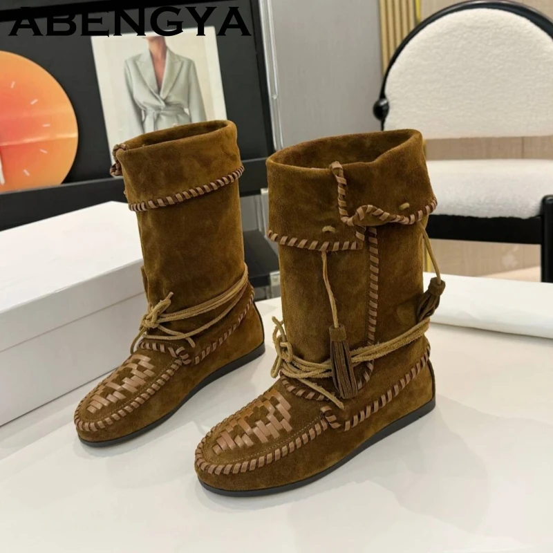 

Осенние замшевые кожаные плетеные сапоги до середины икры, женские модные короткие ботинки челси с кисточками на шнуровке, ковбойские сапоги в стиле ретро в стиле вестерн, Botas Mujer