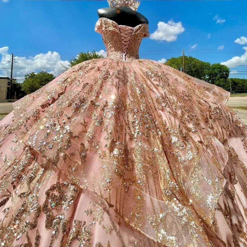 Glinsterende Roze Prinses Quinceanera Jurken Off Shoulder Sweet 16 Verjaardagsfeestje Kralen Gouden Appliques 15e Baljurk Hot