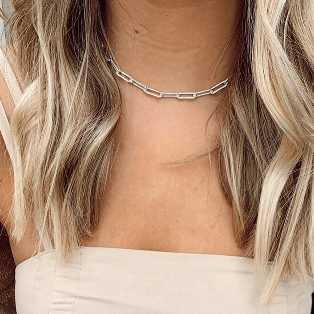 EManco Hot Fashion Paperclip Link Chain Women Necklace Stainless Steel Silver Color Chain Necklace for Link Chain Jewelry Gift