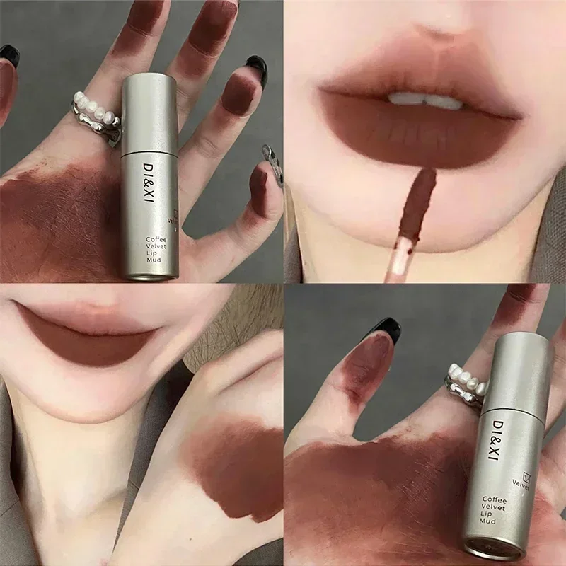 1 buah Lip Gloss Matte Velvet tahan air lipstik cair warna Nude coklat Makeup lumpur Latte kopi Lip Glaze kosmetik grosir