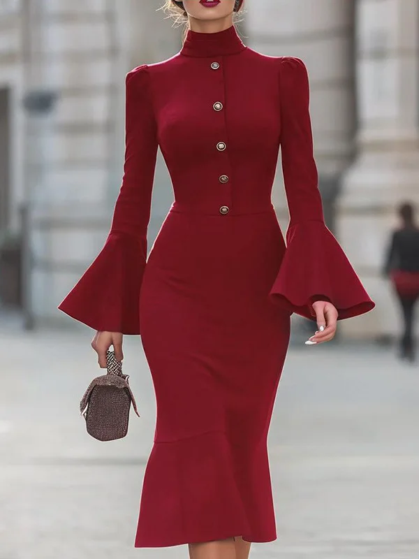 

Весенние женские модные однотонные колокольчики Bell Sve round Ne Slim Fit Dr Par Dr с высокой талией Long Sve из полиэфирного волокна