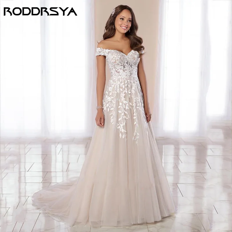 RODRSYA Off Shoulder Abiti da sposa Beach Appliques Illusion Backless vestito RODDRSYA abiti da sposa con spalle scoperte Beach Appliques Illusion Backless vestido de novia bohemio abito da sposa senza maniche in pizzo