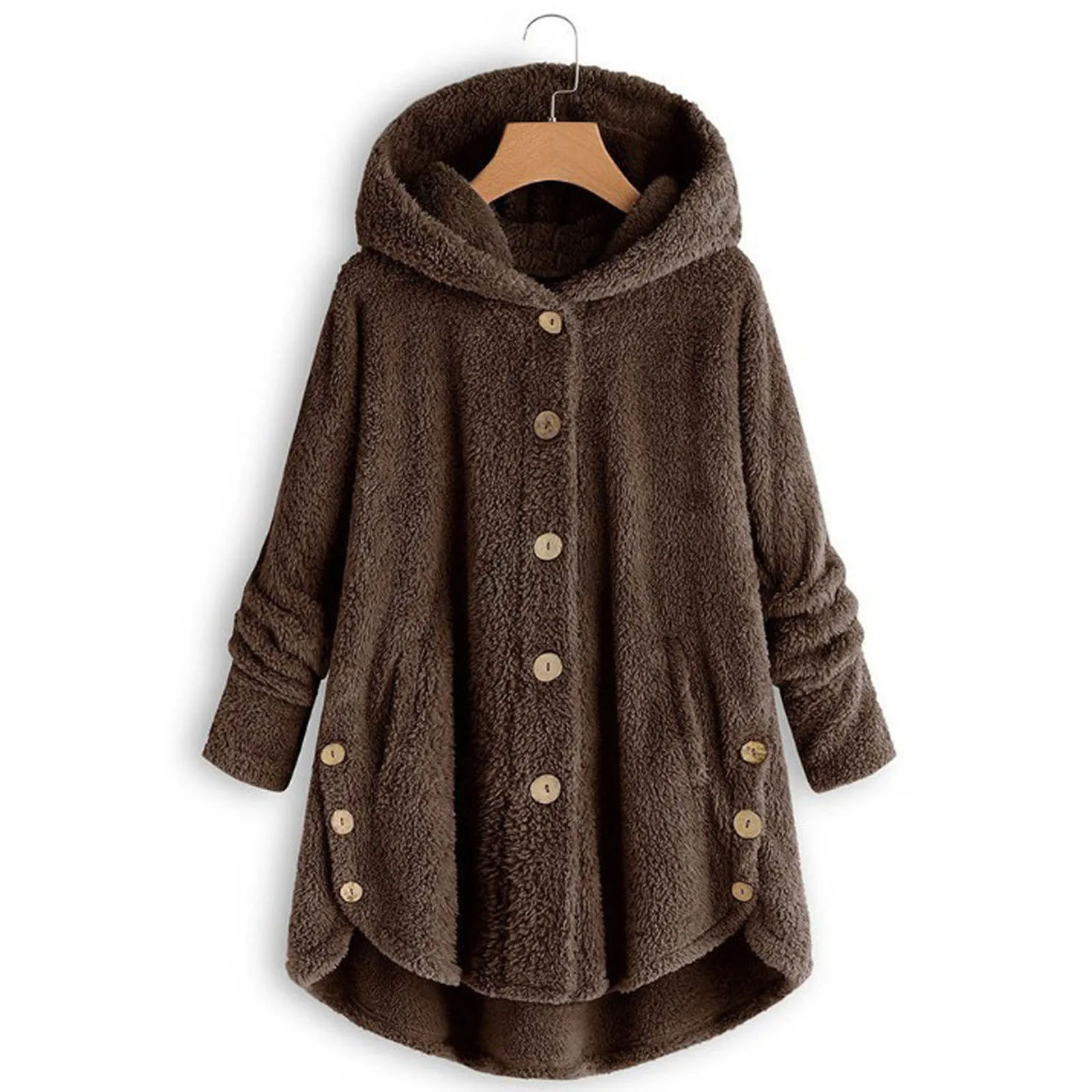 Women Plush Teddy Coat Autumn Winter Loose Warm Soft Flurry Jacket Women's Button Oversized Hooded Outwear S-5XL