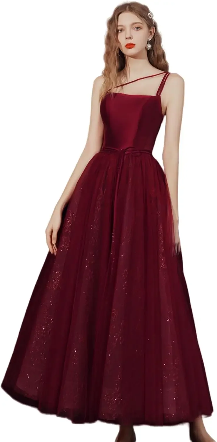 

New Satin Long Mesh Spaghetti Strap Prom Bridesmaid Dress Women's Cocktail Dresses Formal Evening Dresses Party