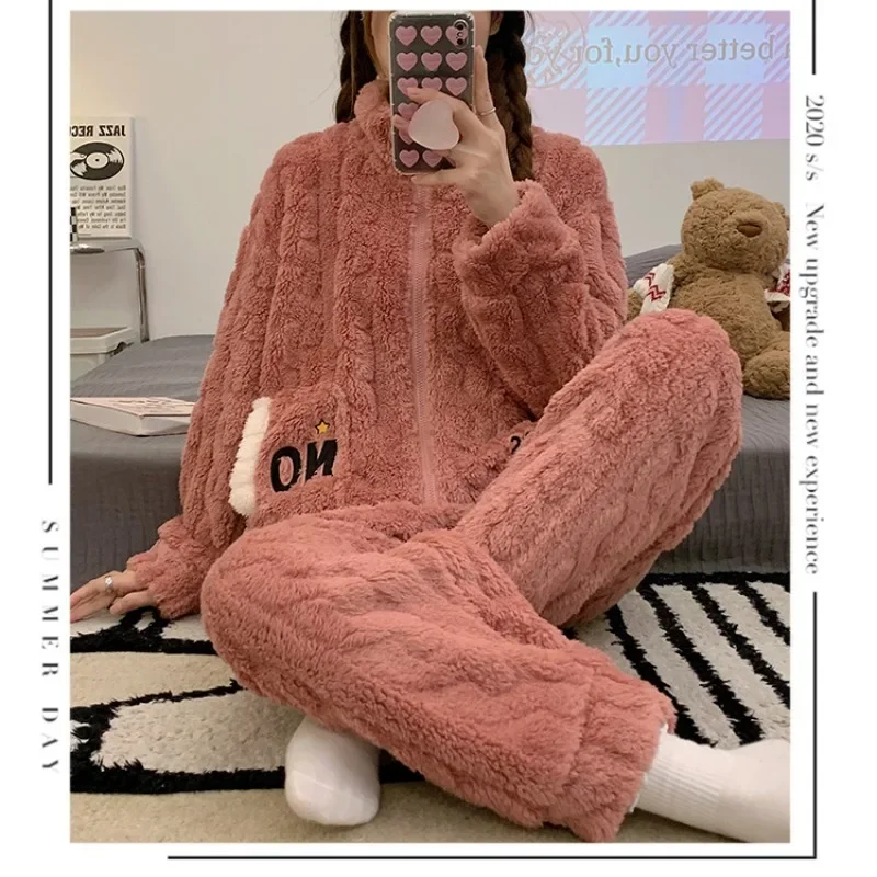 5XL Plus Size Winter Coral Fleece Thickened Pajamas Women\'s Korean Sweet Zip-up Flannel Warm Home Wear Loungewear Trouser Suit