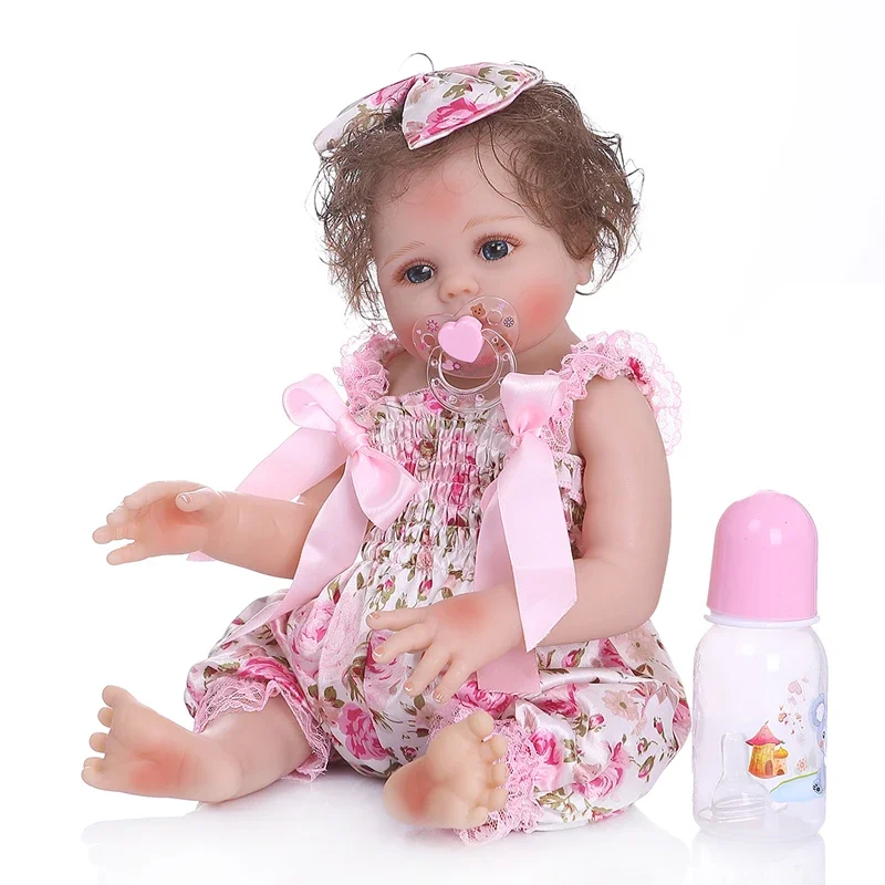 

48CM Full Body Slicone Bebe Doll Reborn Baby Girl Bath Toy Hand-rooted Curly Hair Waterproof Anatomically Correct