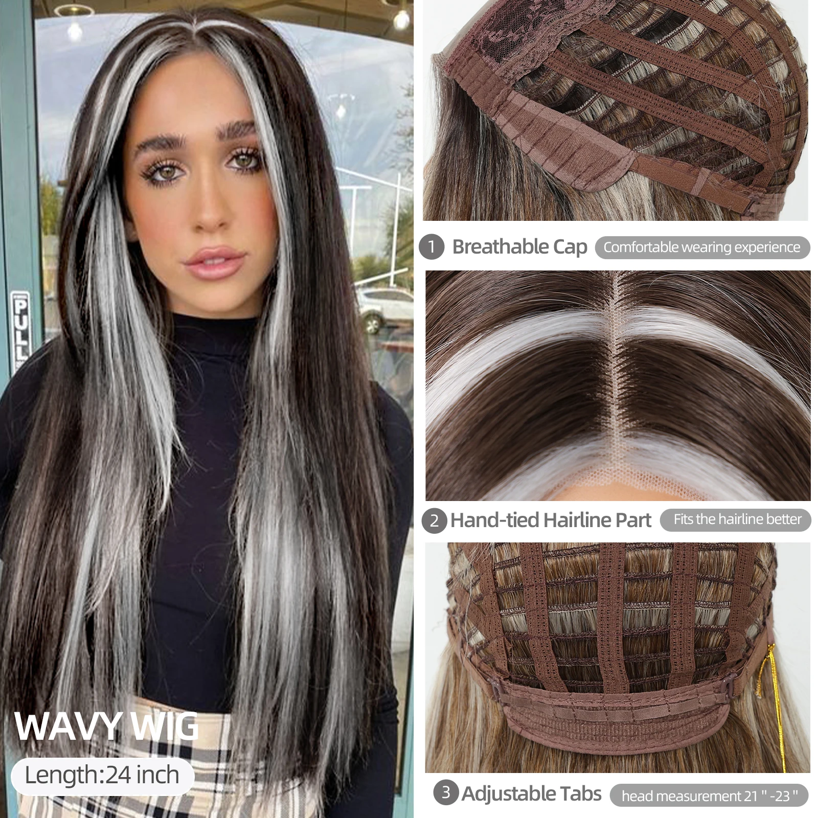 DWY Long Straight Synthetic Lace Wigs for Women Dark Brown with White Highlight Layered Wig Lace Front Natural Hairline Cosplay