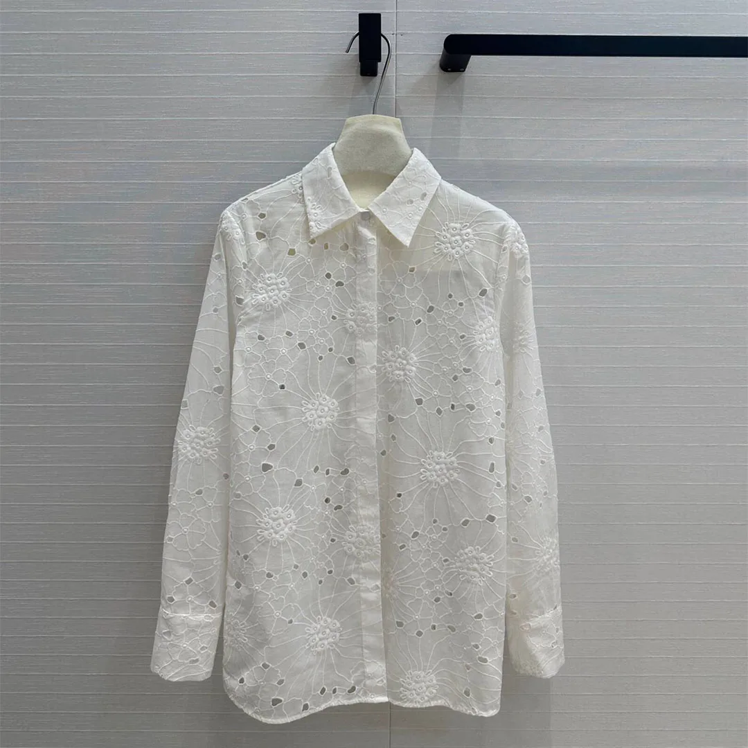 2024 New Autumn Preppy Style Turn-down Collar Long Sleeve Shirt Women Hollow Out Embroidery Floral White Sweet T-shirt Tops