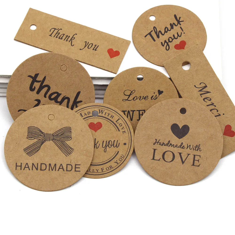 100pcs Kraft Paper Tags Brown Handmade Hang Tag Label Round Love Thank You Tags for Packaging Cards Decorative Gifts Wedding