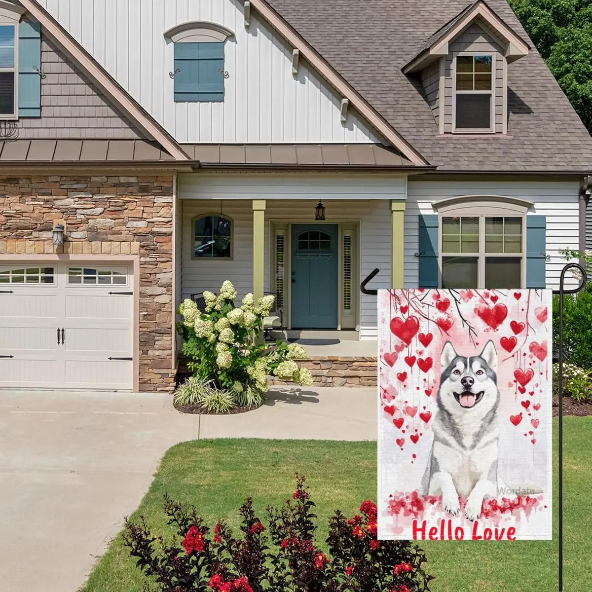 Wordatu Happy Valentines Husky Garden Flags 28x40 Inch Double Sided Hugs Kisses Seasonal Decoration for Holiday Anniversary  IIC