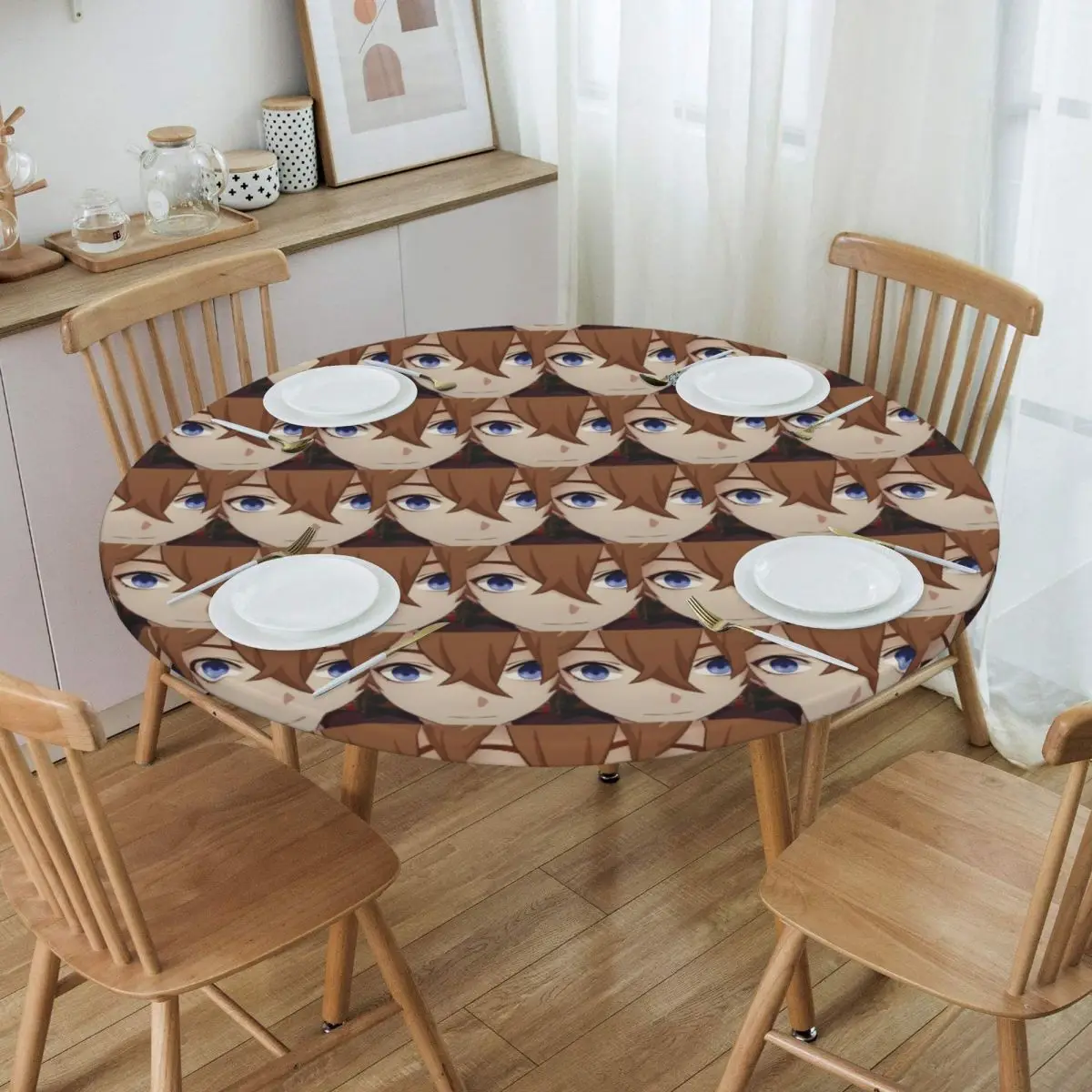 Childe (Tartaglia) Face Mem Waterproof Round Tablecloth Oilproof Table Cloth for Kitchen Events Dining Table Cover